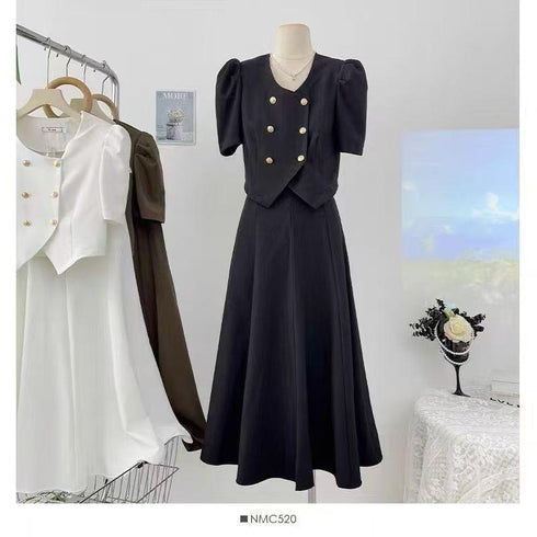 Double Breasted Half Sleeves Blazer Blouse With Skirts Sets